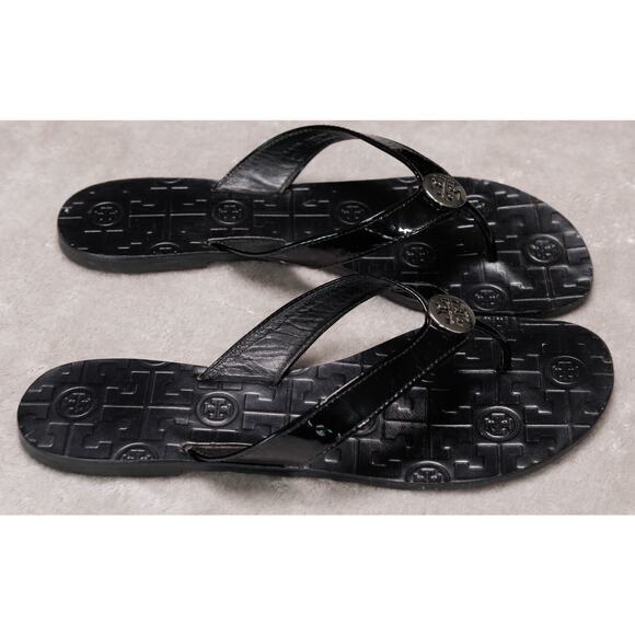 Tory Burch Thora Black Patent Leather Thong Sandals Womens Size 9 Silver Logo - Picture 14 of 16
